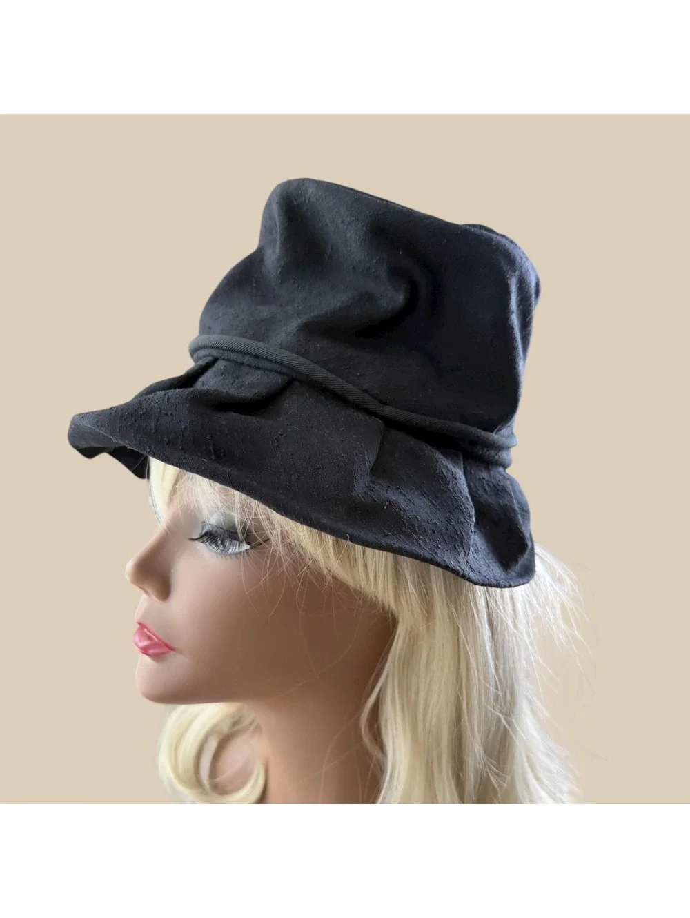 Vintage 1970s Black Cloth Bucket Hat, Union Label, Slouchy Cotton